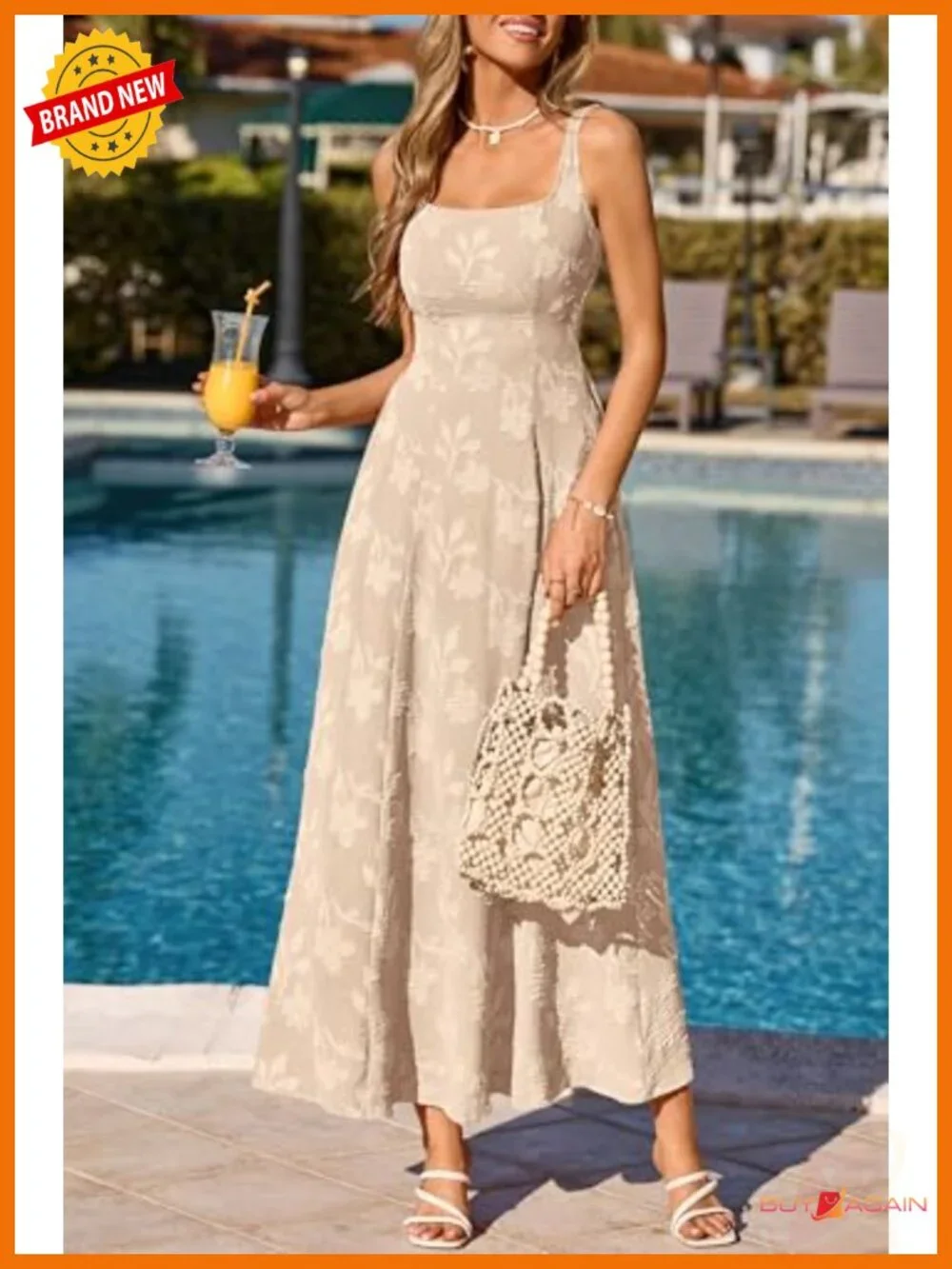 Womens Sleeveless Square Neck Jacquard Boho Maxi Dress with Pockets